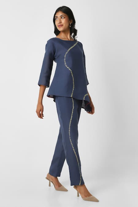 Shop Kaveri Blue 100% Linen Placement Hand Forest Wiggle Asymmetric Top With Pant at Aza Fashions Shop_Kaveri_Blue 100% Linen Placement Hand Forest Wiggle Asymmetric Top With Pant _at_Aza_Fashions