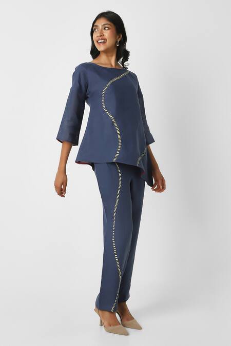 Buy Kaveri Blue 100% Linen Placement Hand Forest Wiggle Asymmetric Top With Pant Online at Aza Fashions Buy_Kaveri_Blue 100% Linen Placement Hand Forest Wiggle Asymmetric Top With Pant _Online_at_Aza_Fashions