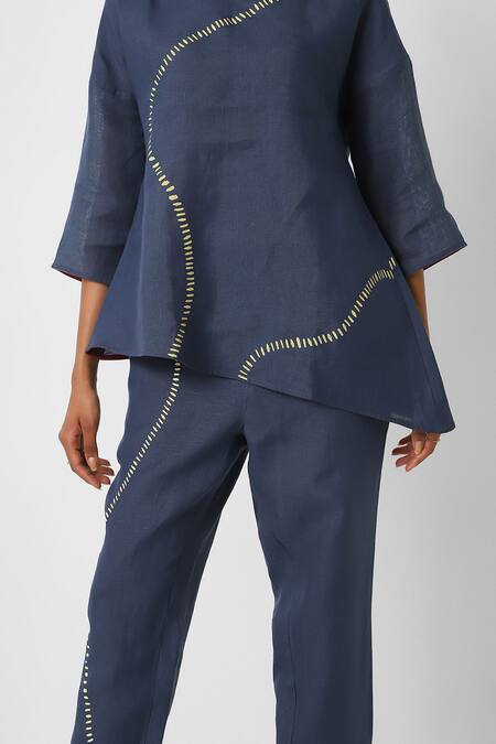 Shop Kaveri Blue 100% Linen Placement Hand Forest Wiggle Asymmetric Top With Pant Online at Aza Fashions Shop_Kaveri_Blue 100% Linen Placement Hand Forest Wiggle Asymmetric Top With Pant _Online_at_Aza_Fashions