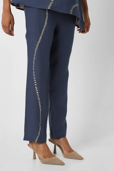 Kaveri Blue 100% Linen Placement Hand Forest Wiggle Asymmetric Top With Pant at Aza Fashions Kaveri_Blue 100% Linen Placement Hand Forest Wiggle Asymmetric Top With Pant _at_Aza_Fashions