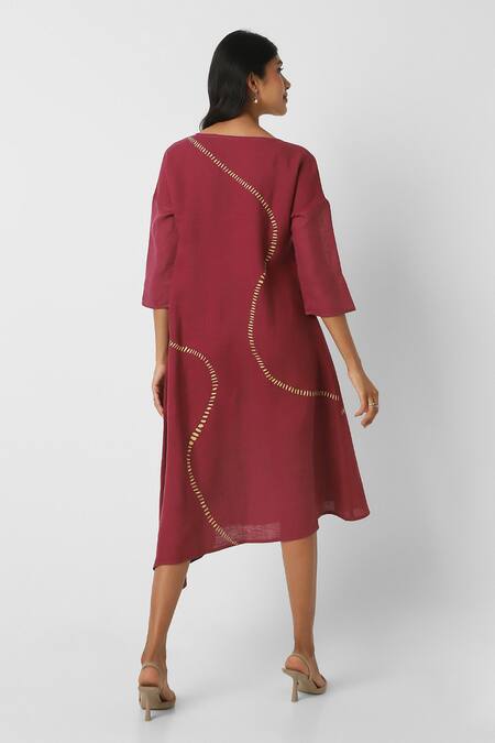 Shop Kaveri Wine Linen Round Neck Forest Land Wiggle Dress at Aza Fashions Shop_Kaveri_Wine Linen Round Neck Forest Land Wiggle Dress _at_Aza_Fashions
