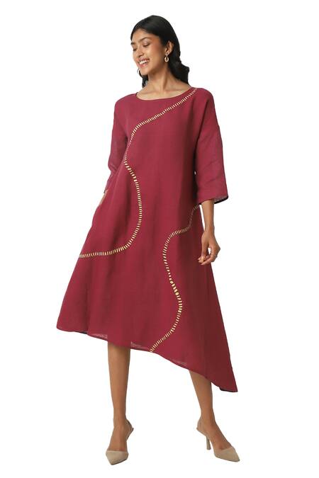 Kaveri Wine Linen Round Neck Forest Land Wiggle Dress Online at Aza Fashions Kaveri_Wine Linen Round Neck Forest Land Wiggle Dress _Online_at_Aza_Fashions