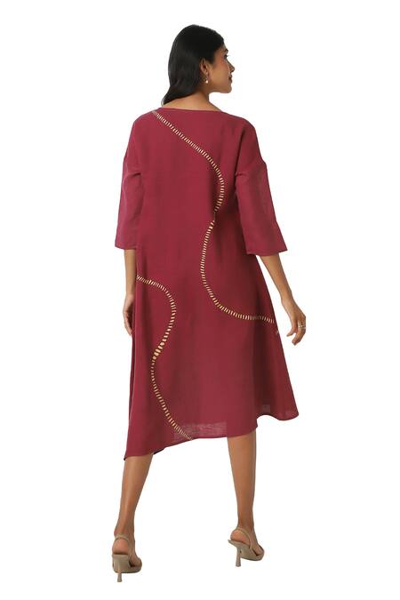 Shop Kaveri Wine Linen Round Neck Forest Land Wiggle Dress Online at Aza Fashions Shop_Kaveri_Wine Linen Round Neck Forest Land Wiggle Dress _Online_at_Aza_Fashions