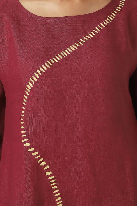 Kaveri Wine Linen Round Neck Forest Land Wiggle Dress at Aza Fashions Kaveri_Wine Linen Round Neck Forest Land Wiggle Dress _at_Aza_Fashions