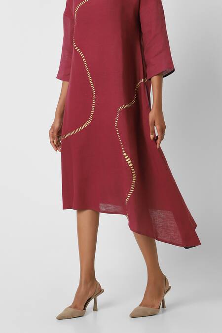 Shop Kaveri Wine Linen Round Neck Forest Land Wiggle Dress Shop_Kaveri_Wine Linen Round Neck Forest Land Wiggle Dress