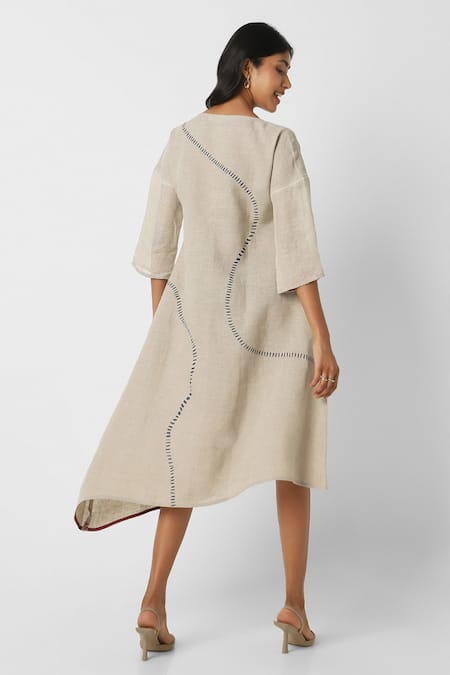 Shop Kaveri Beige Linen Round Neck Geometric Print Midi Dress at Aza Fashions Shop_Kaveri_Beige Linen Round Neck Geometric Print Midi Dress _at_Aza_Fashions