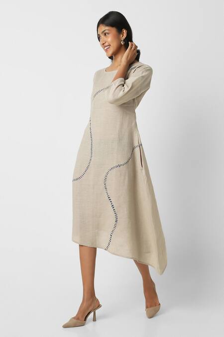 Kaveri Beige Linen Round Neck Geometric Print Midi Dress Online at Aza Fashions Kaveri_Beige Linen Round Neck Geometric Print Midi Dress _Online_at_Aza_Fashions