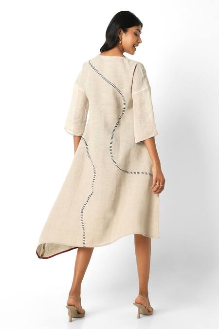 Buy Kaveri Beige Linen Round Neck Geometric Print Midi Dress Online at Aza Fashions Buy_Kaveri_Beige Linen Round Neck Geometric Print Midi Dress _Online_at_Aza_Fashions