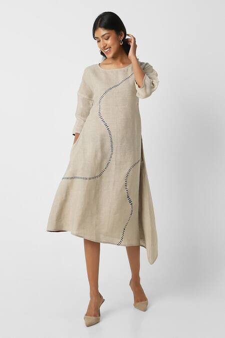 Shop Kaveri Beige Linen Round Neck Geometric Print Midi Dress Online at Aza Fashions Shop_Kaveri_Beige Linen Round Neck Geometric Print Midi Dress _Online_at_Aza_Fashions