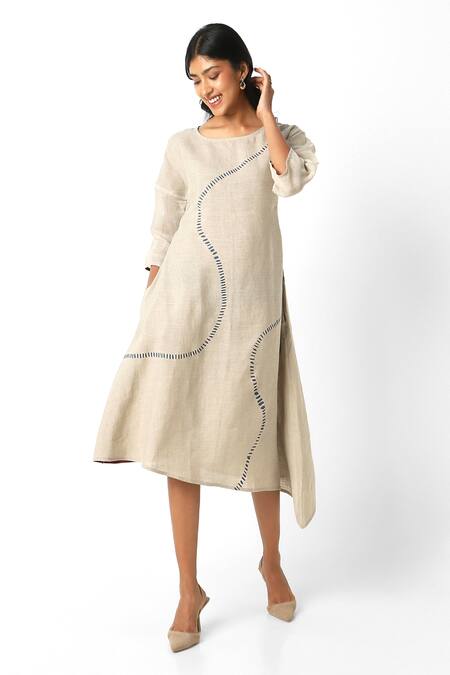 Kaveri Beige Linen Round Neck Geometric Print Midi Dress at Aza Fashions Kaveri_Beige Linen Round Neck Geometric Print Midi Dress _at_Aza_Fashions