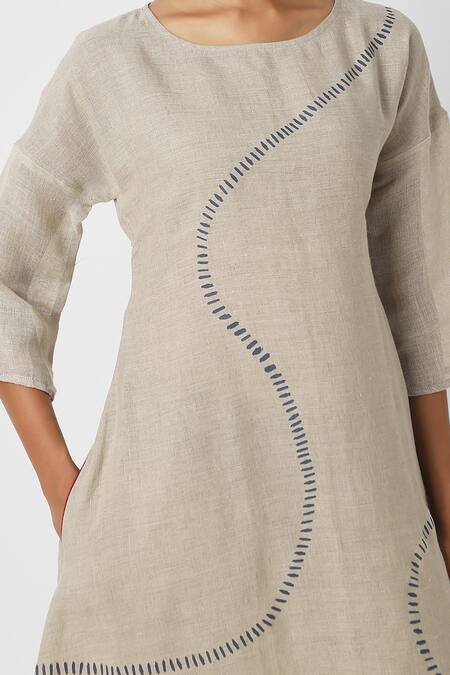 Buy Kaveri Beige Linen Round Neck Geometric Print Midi Dress Buy_Kaveri_Beige Linen Round Neck Geometric Print Midi Dress