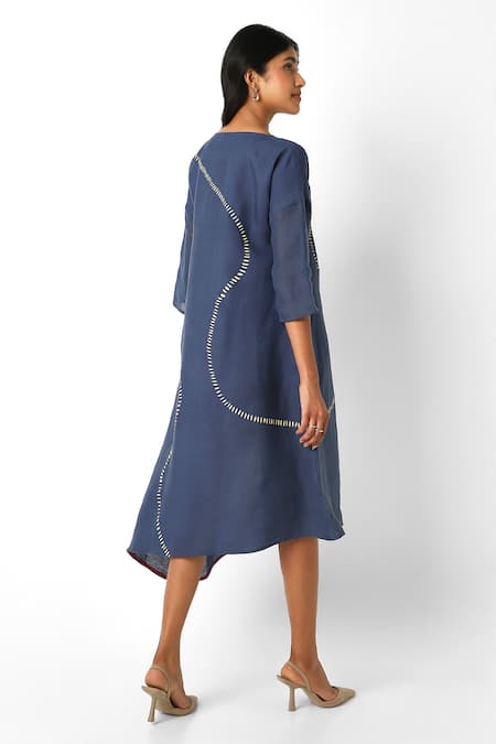 Shop Kaveri Blue Linen Round Neck Forest Land Wiggle Asymmetric Dress at Aza Fashions Shop_Kaveri_Blue Linen Round Neck Forest Land Wiggle Asymmetric Dress _at_Aza_Fashions