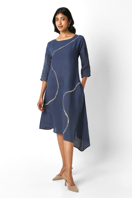 Kaveri Blue Linen Round Neck Forest Land Wiggle Asymmetric Dress Online at Aza Fashions Kaveri_Blue Linen Round Neck Forest Land Wiggle Asymmetric Dress _Online_at_Aza_Fashions