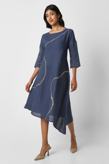 Buy Kaveri Blue Linen Round Neck Forest Land Wiggle Asymmetric Dress Online at Aza Fashions Buy_Kaveri_Blue Linen Round Neck Forest Land Wiggle Asymmetric Dress _Online_at_Aza_Fashions