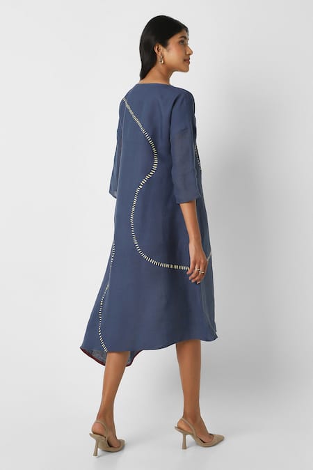 Shop Kaveri Blue Linen Round Neck Forest Land Wiggle Asymmetric Dress Online at Aza Fashions Shop_Kaveri_Blue Linen Round Neck Forest Land Wiggle Asymmetric Dress _Online_at_Aza_Fashions