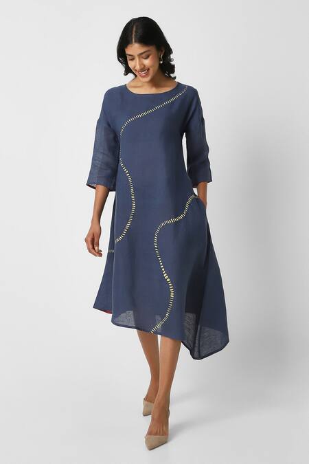 Kaveri Blue Linen Round Neck Forest Land Wiggle Asymmetric Dress at Aza Fashions Kaveri_Blue Linen Round Neck Forest Land Wiggle Asymmetric Dress _at_Aza_Fashions
