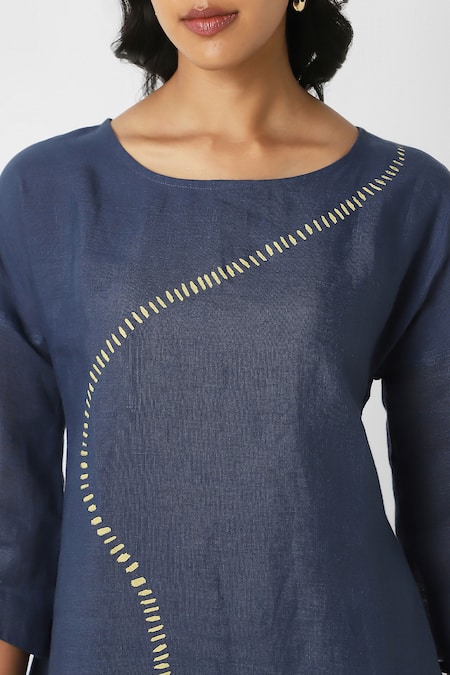 Buy Kaveri Blue Linen Round Neck Forest Land Wiggle Asymmetric Dress Buy_Kaveri_Blue Linen Round Neck Forest Land Wiggle Asymmetric Dress