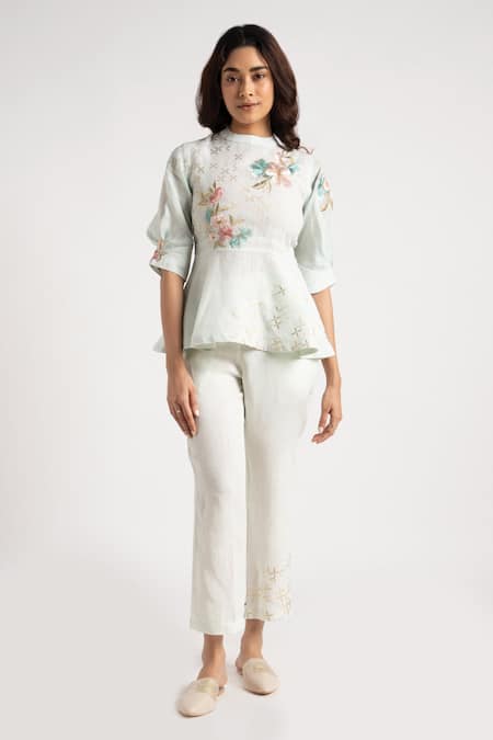 KAVERI Floral Embroidered Peplum Top With Pant 