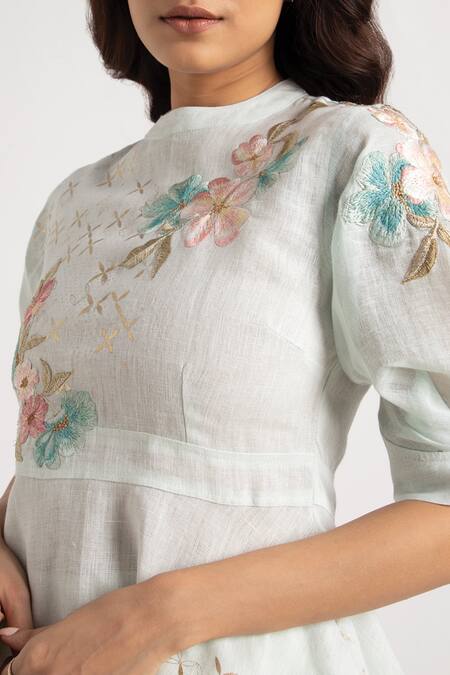 Kaveri Beige 100% Linen Embroidery Floral High Round Peplum Top With Pant Online at Aza Fashions Kaveri_Beige 100% Linen Embroidery Floral High Round Peplum Top With Pant _Online_at_Aza_Fashions