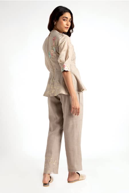 Shop_Kaveri_Grey 100% Linen Embroidery Floral High Round Neck Top With Pant  _at_Aza_Fashions
