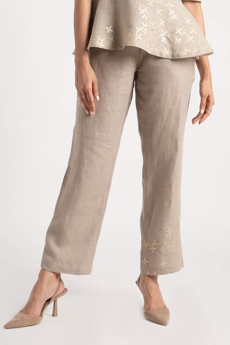 Kaveri_Grey 100% Linen Embroidery Floral High Round Neck Top With Pant  _Online_at_Aza_Fashions