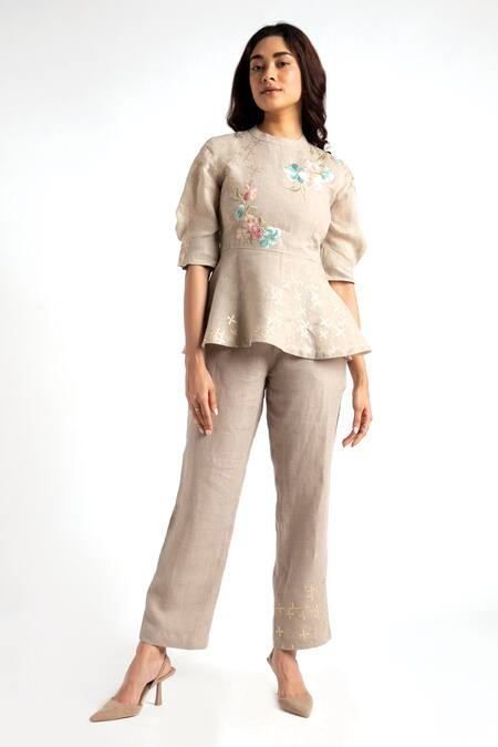 Buy_Kaveri_Grey 100% Linen Embroidery Floral High Round Neck Top With Pant  _Online_at_Aza_Fashions
