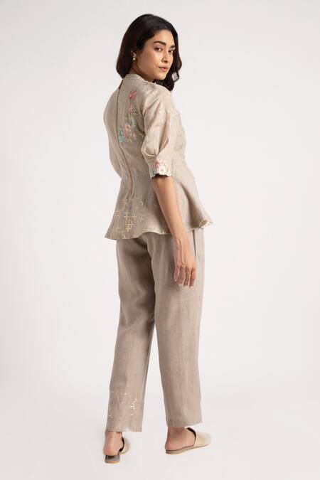 Shop_Kaveri_Grey 100% Linen Embroidery Floral High Round Neck Top With Pant  _Online_at_Aza_Fashions
