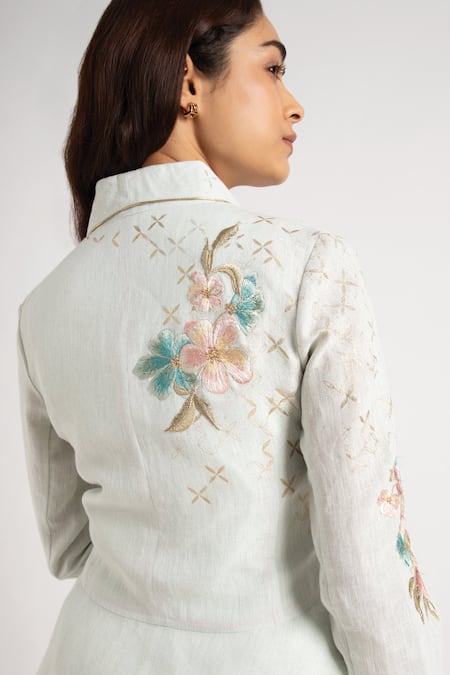 Shop_Kaveri_Beige 100% Linen Embroidery Floral Shawl Corsage Blazer Pant Set  _at_Aza_Fashions