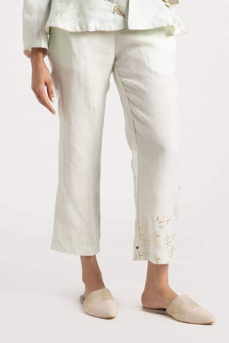 Kaveri_Beige 100% Linen Embroidery Floral Shawl Corsage Blazer Pant Set  _Online_at_Aza_Fashions