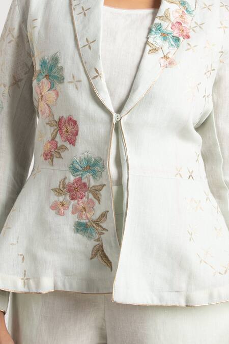 Buy_Kaveri_Beige 100% Linen Embroidery Floral Shawl Corsage Blazer Pant Set  _Online_at_Aza_Fashions