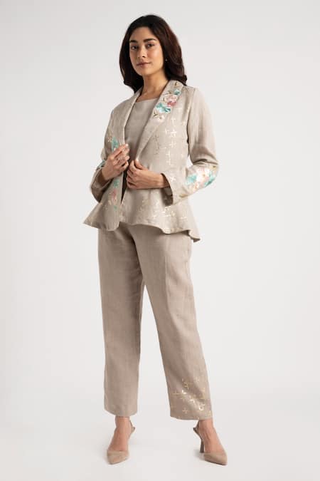 KAVERI Flower Corsage Embroidered Blazer Pant Set 