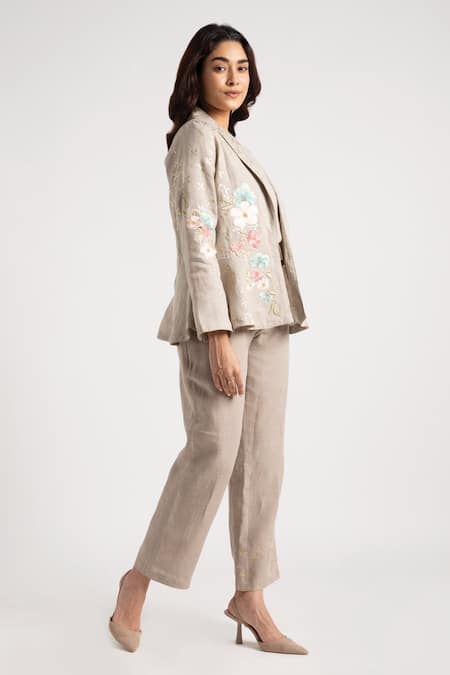 Shop Kaveri Grey 100% Linen Embroidery Floral Flower Corsage Blazer Pant Set at Aza Fashions Shop_Kaveri_Grey 100% Linen Embroidery Floral Flower Corsage Blazer Pant Set _at_Aza_Fashions