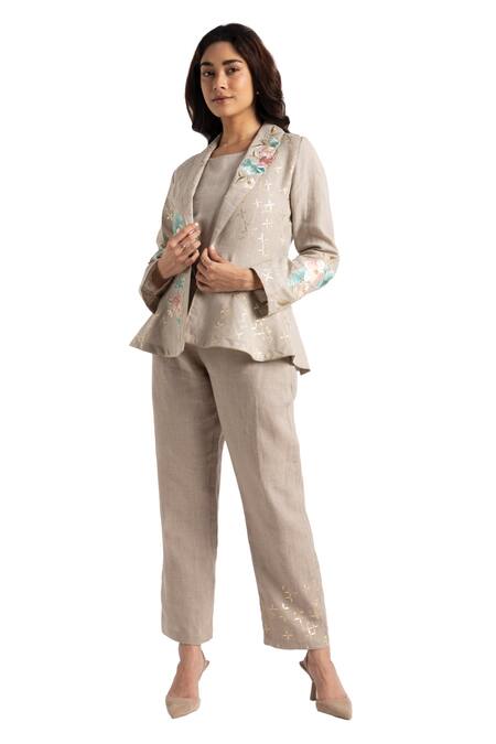 Buy Kaveri Grey 100% Linen Embroidery Floral Flower Corsage Blazer Pant Set Online at Aza Fashions Buy_Kaveri_Grey 100% Linen Embroidery Floral Flower Corsage Blazer Pant Set _Online_at_Aza_Fashions