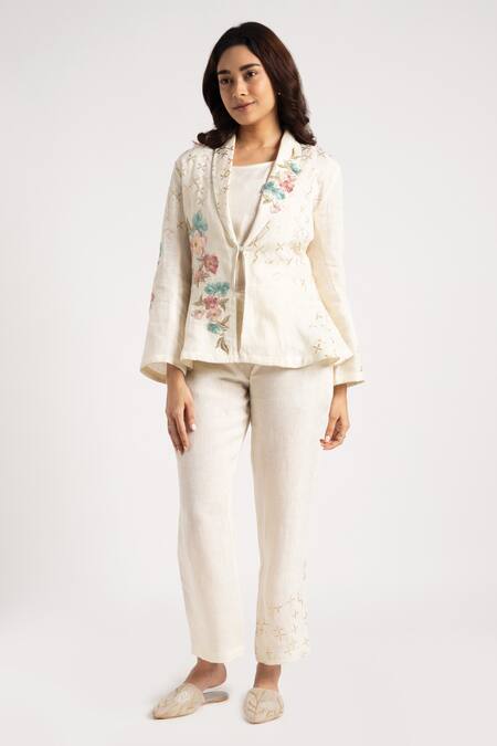 Kaveri_Off White 100% Linen Embroidery Floral Shawl Corsage Blazer Pant Set  _Online_at_Aza_Fashions