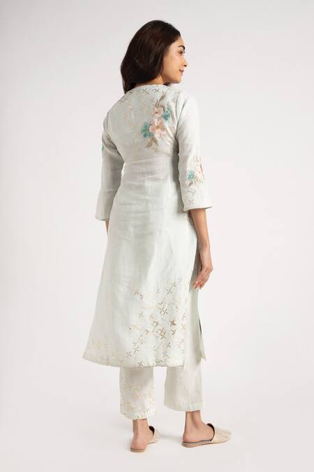 Shop_Kaveri_Beige Linen Embroidery, Foil Printing V-neck Flower Kurta Pant Set _at_Aza_Fashions