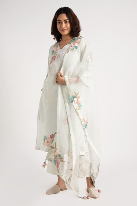 Kaveri_Beige Linen Embroidery, Foil Printing V-neck Flower Kurta Pant Set _Online_at_Aza_Fashions
