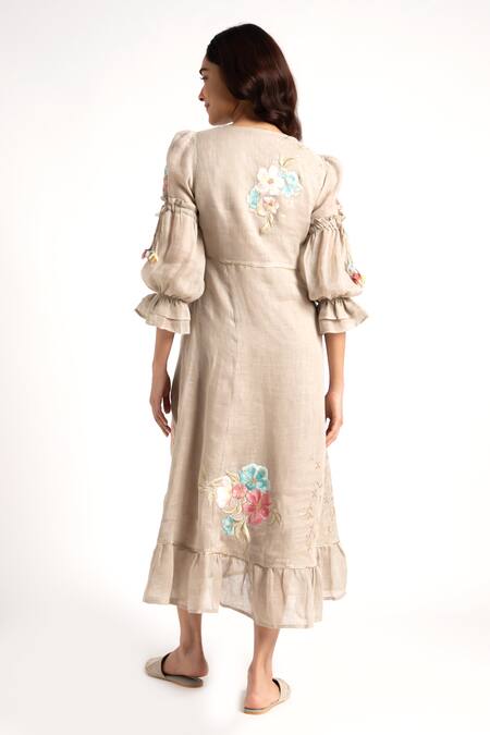 Kaveri_Grey Linen Embroidery V-neck Flower Silk Dress _Online_at_Aza_Fashions
