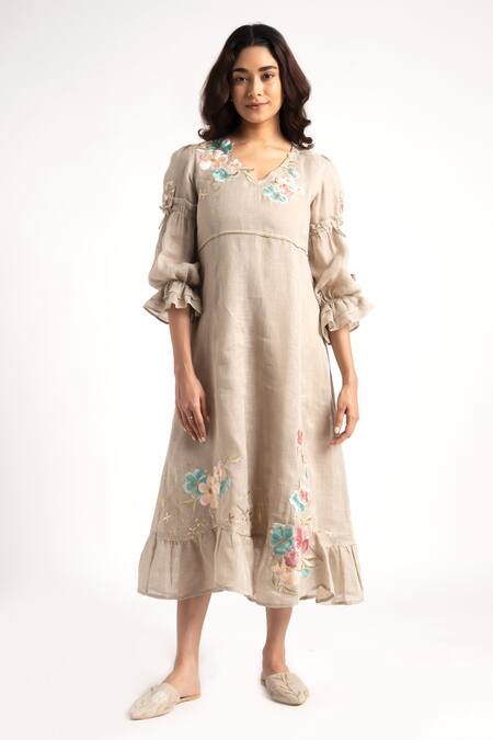 Buy_Kaveri_Grey Linen Embroidery V-neck Flower Silk Dress _Online_at_Aza_Fashions