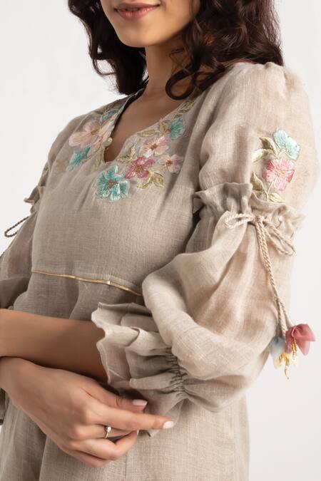 Shop_Kaveri_Grey Linen Embroidery V-neck Flower Silk Dress _Online_at_Aza_Fashions