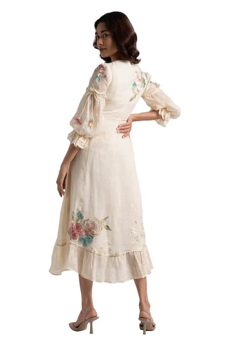 Buy Kaveri Off White Linen Embroidery V-neck Corsage Bed Roses Dress Online at Aza Fashions Buy_Kaveri_Off White Linen Embroidery V-neck Corsage Bed Roses Dress _Online_at_Aza_Fashions
