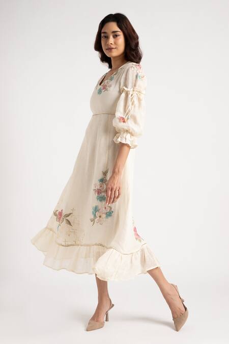 Kaveri Off White Linen Embroidery V-neck Corsage Bed Roses Dress at Aza Fashions Kaveri_Off White Linen Embroidery V-neck Corsage Bed Roses Dress _at_Aza_Fashions