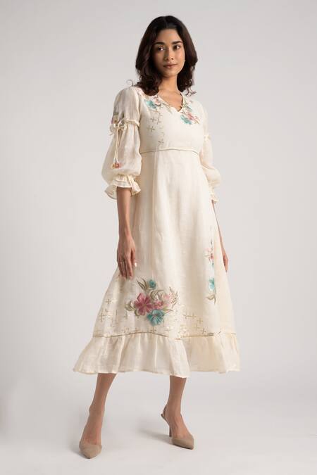 Buy Kaveri Off White Linen Embroidery V-neck Corsage Bed Roses Dress Buy_Kaveri_Off White Linen Embroidery V-neck Corsage Bed Roses Dress