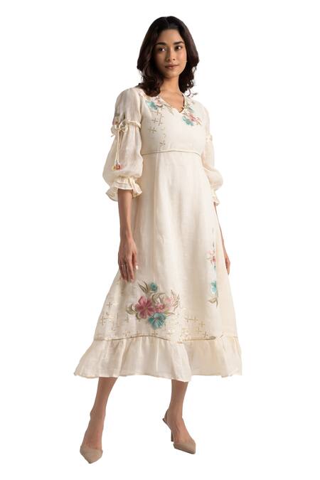 Shop Kaveri Off White Linen Embroidery V-neck Corsage Bed Roses Dress Shop_Kaveri_Off White Linen Embroidery V-neck Corsage Bed Roses Dress