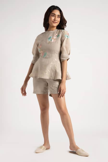 KAVERI Corsage Embroidered Peplum Top With Shorts 