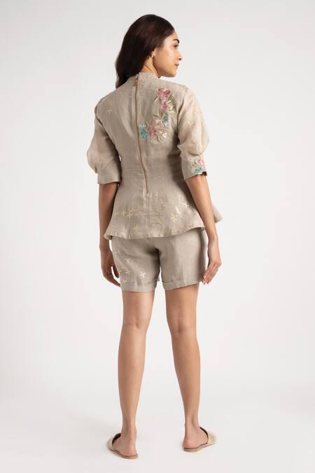 Shop_Kaveri_Grey 100% Linen Embroidery Floral High Corsage Peplum Top With Shorts  _at_Aza_Fashions