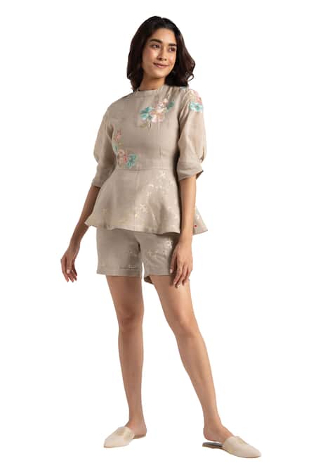 Buy_Kaveri_Grey 100% Linen Embroidery Floral High Corsage Peplum Top With Shorts  _Online_at_Aza_Fashions