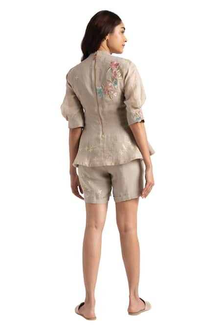 Shop_Kaveri_Grey 100% Linen Embroidery Floral High Corsage Peplum Top With Shorts  _Online_at_Aza_Fashions