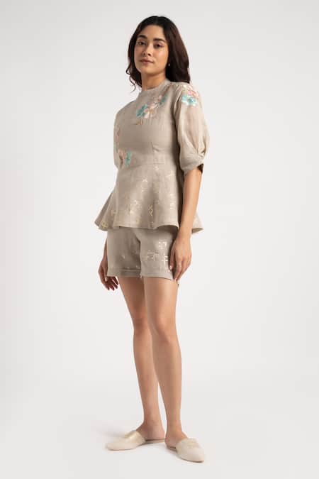 Kaveri_Grey 100% Linen Embroidery Floral High Corsage Peplum Top With Shorts  _at_Aza_Fashions