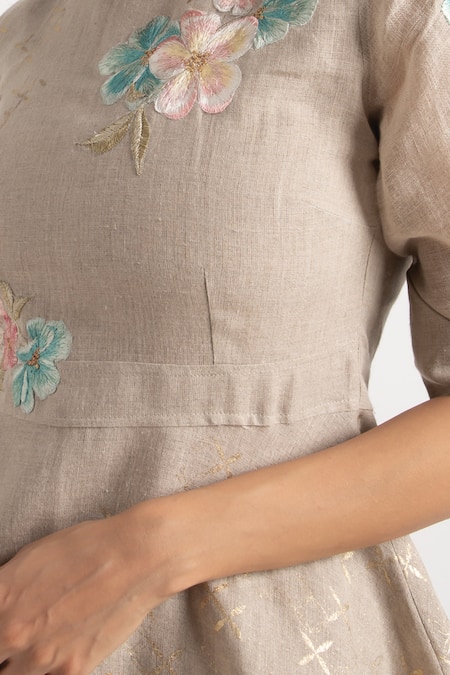 Shop_Kaveri_Grey 100% Linen Embroidery Floral High Corsage Peplum Top With Shorts  