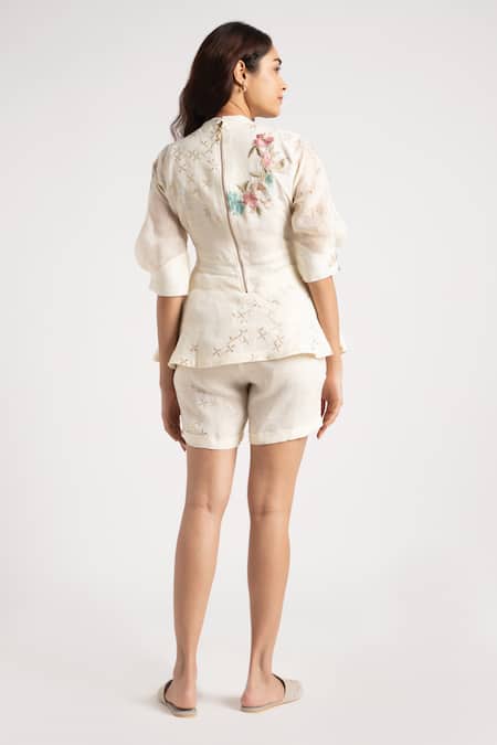 Shop Kaveri Off White 100% Linen Embroidery Floral High Corsage Top With Shorts at Aza Fashions Shop_Kaveri_Off White 100% Linen Embroidery Floral High Corsage Top With Shorts _at_Aza_Fashions